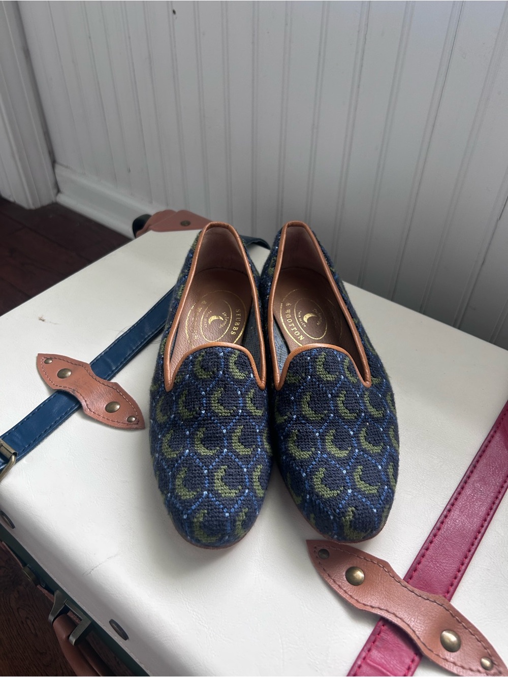 Stubbs & Wootton Navy and Green Tapestry Smoking Slippers